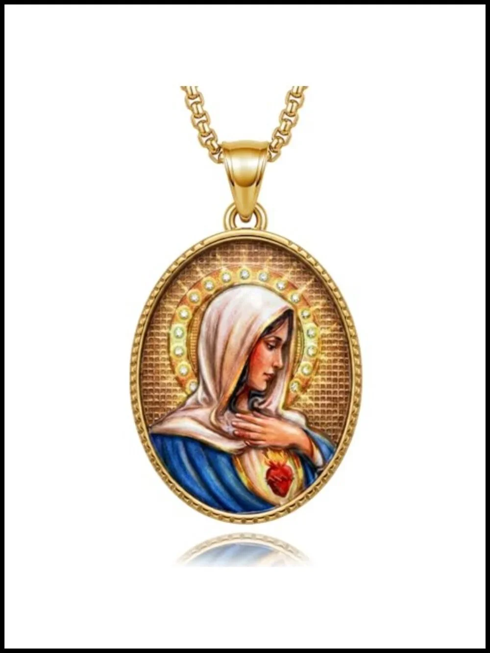 18K Gold Plated Virgin Mary Medal Pendant Necklace Stainless Steel Chain